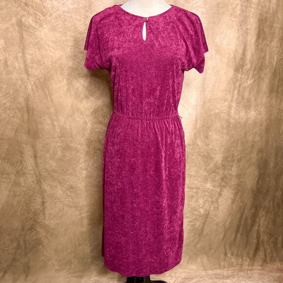 Vintage 70s Union Made Magenta Terry Cloth Shirt Waist Dress Side Button Midi - Picture 12 of 12